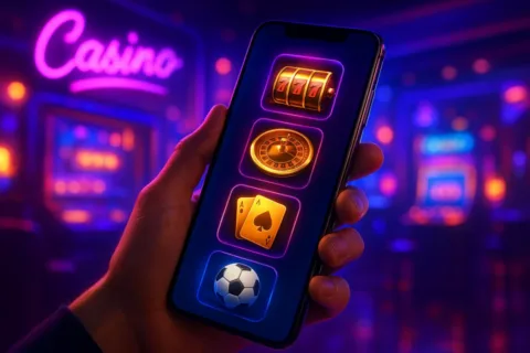 HOT880 app lobby with slots, roulette and sports on a phone