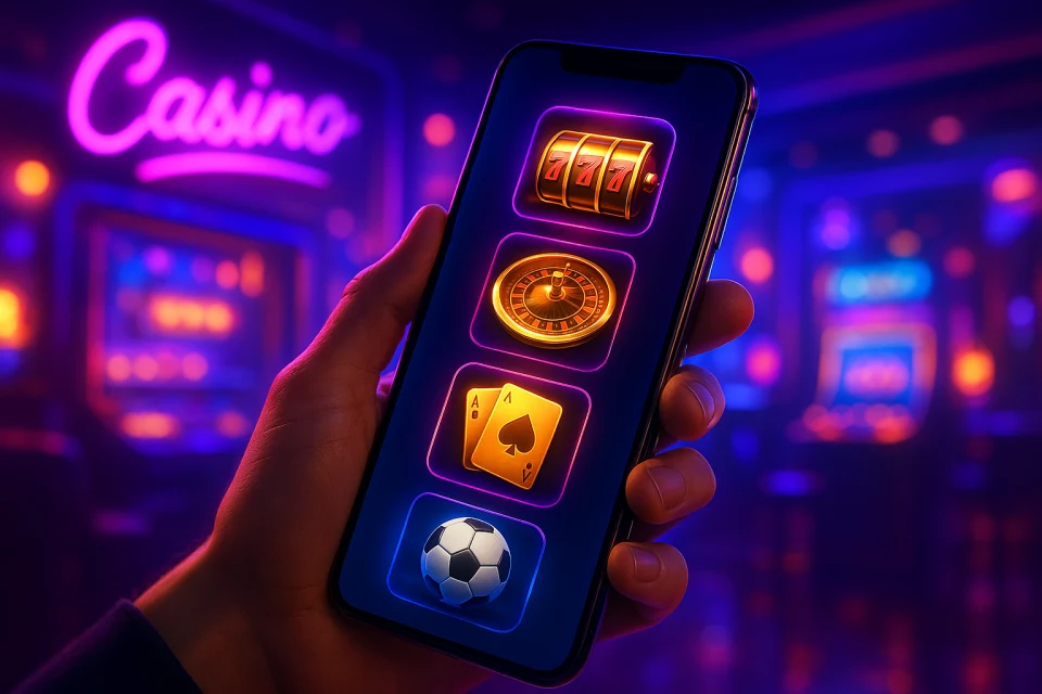 HOT880 app lobby with slots, roulette and sports tiles on a phone