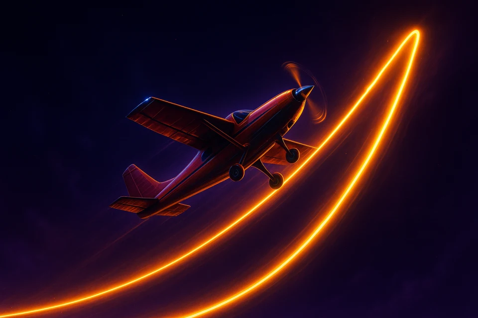 HOT880 Aviator crash game: plane climbing along a glowing multiplier curve