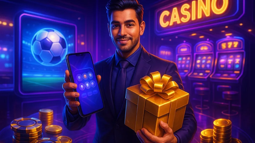 HOT880 player checking promotions on a smartphone